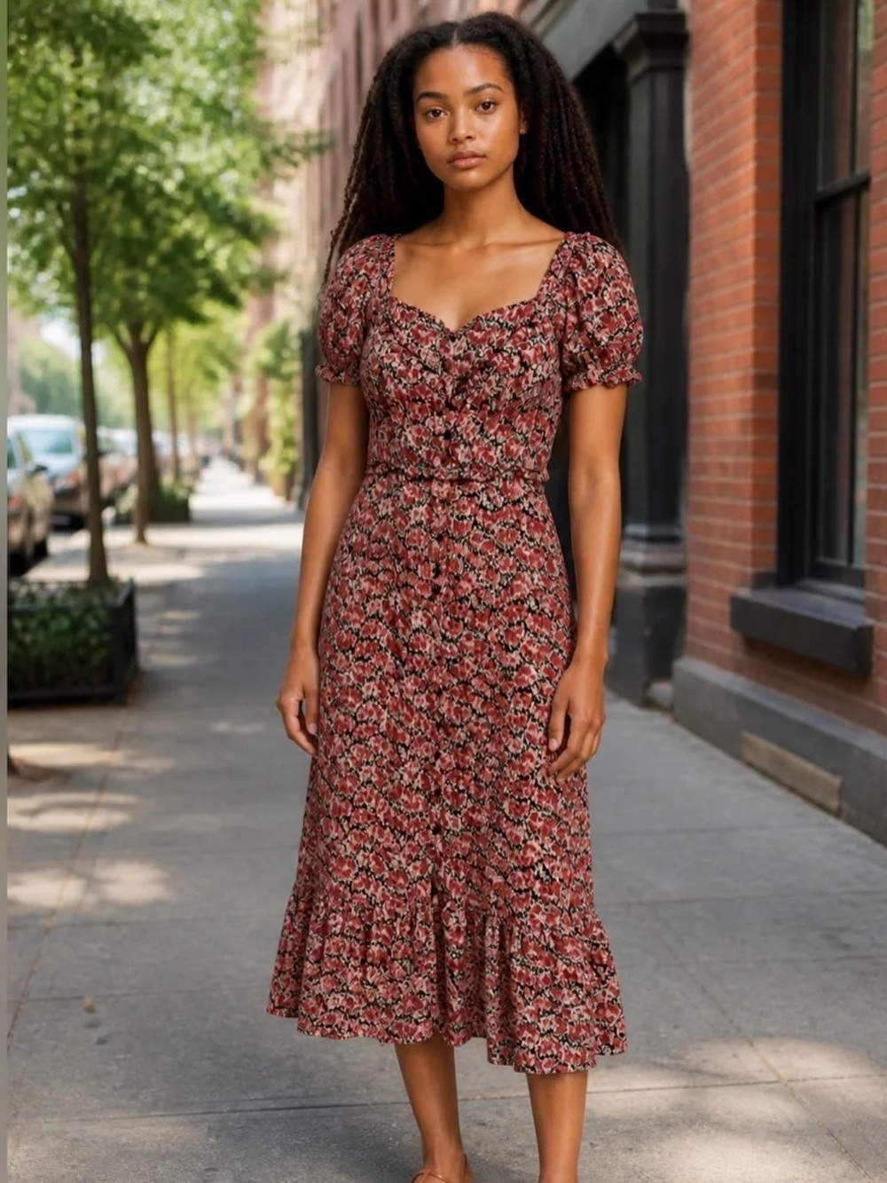 Urban Outfitters Dress Forum Pink Floral Midi Dress with Puff Sleeves